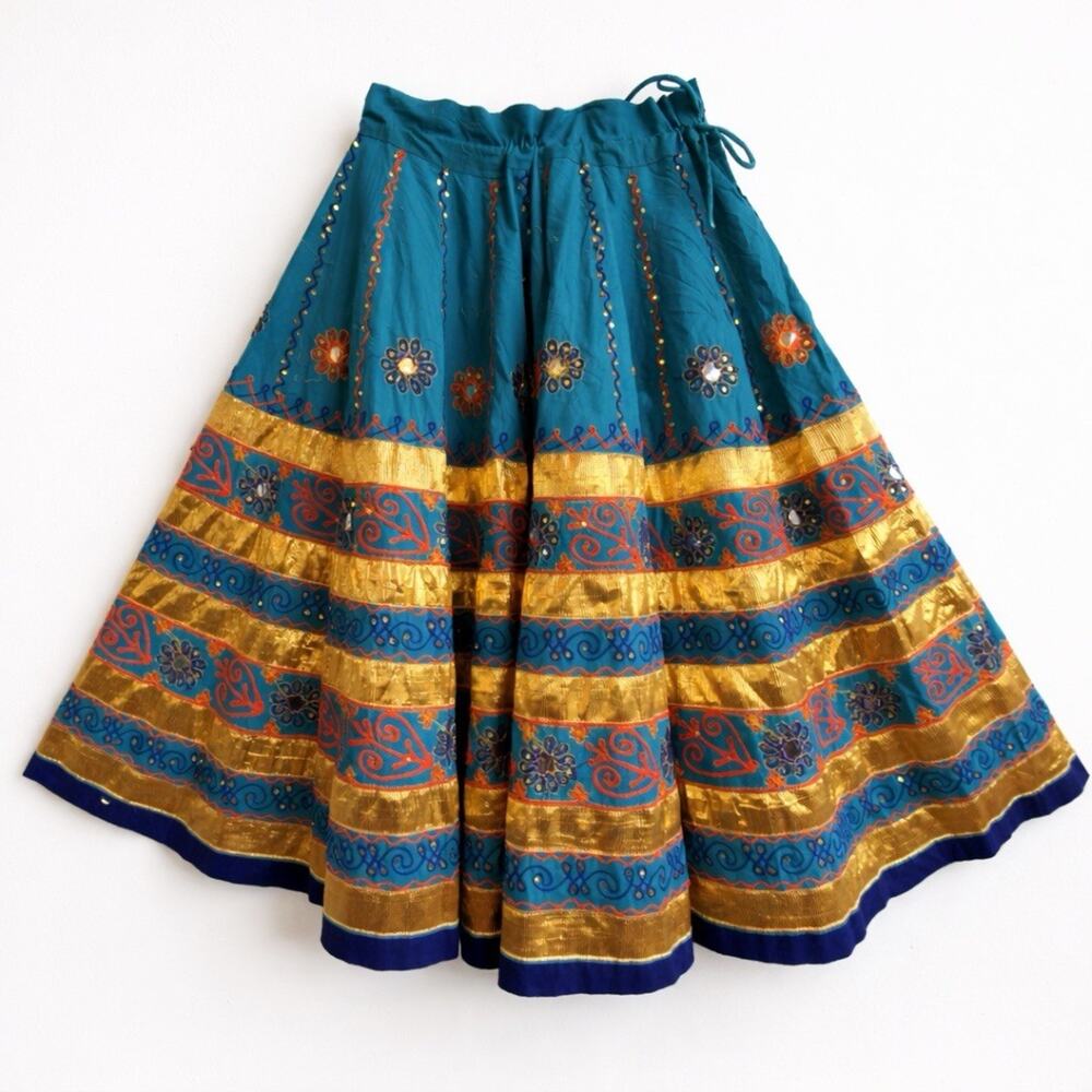 Kutchh Boutique Embroidered Festival Skirt Teal Gold Faux Mirror Boho Medium